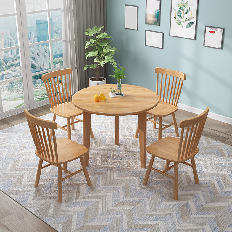 Round Wood Color Dining Table Rubberwood Solid Wood Table Modern with 4 Legs Pedestal