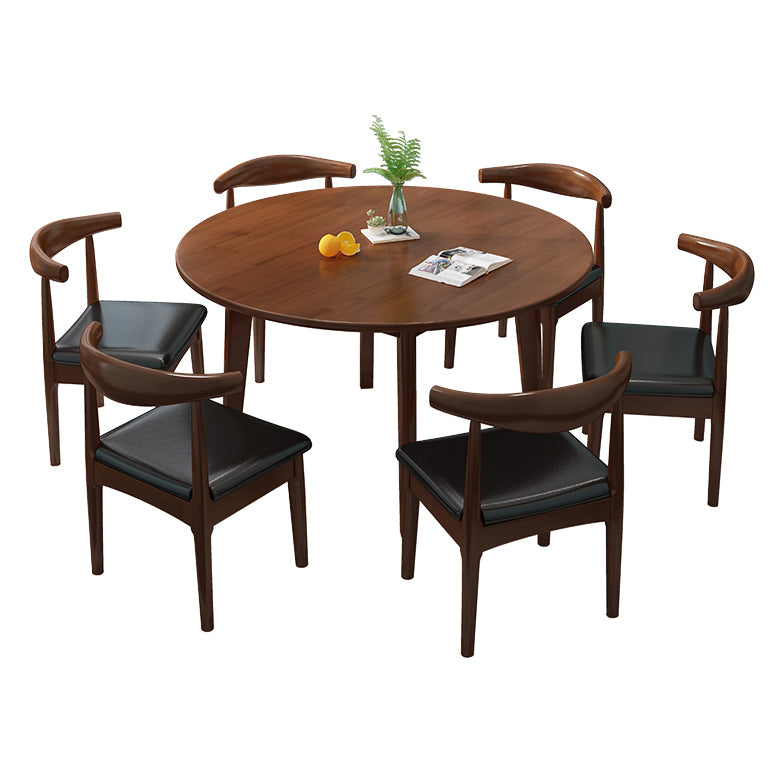 Round Wood Color Dining Table Rubberwood Solid Wood Table Modern with 4 Legs Pedestal