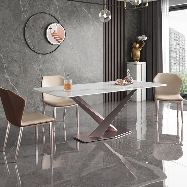 Metal Modern Rectangle Table Sintered Stone Dining Table with Pedestal Base