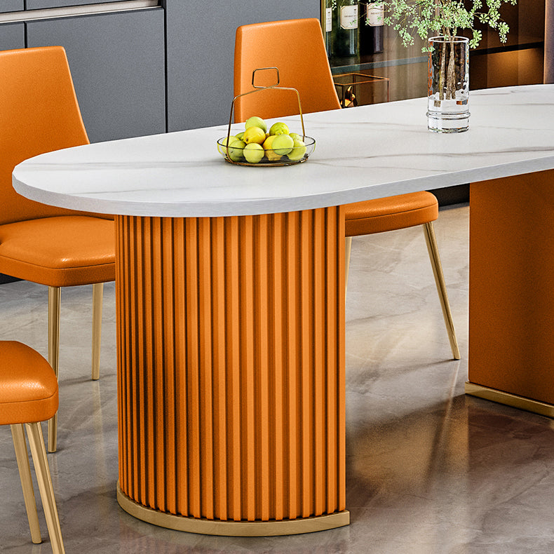 Eigentijdse ovale eettafel gesinterde stenen eettafel met dubbel voetstuk