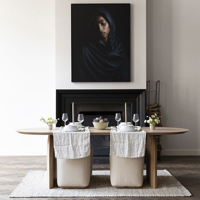 Eigentijdse stijl huis vaste houten ovale eettafel met dubbel voetstuk