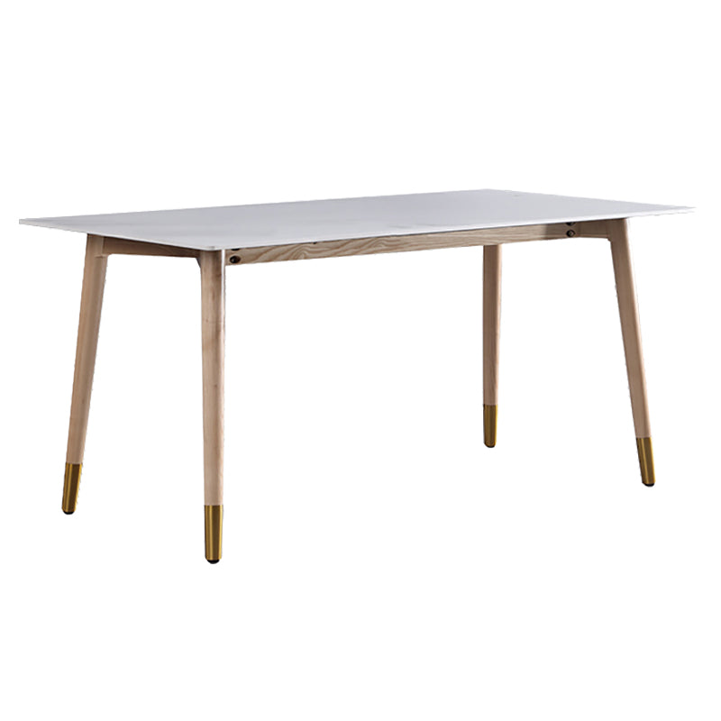 Mesa de comedor rectangular moderna de piedra sinterizada, mesa superior de piedra blanca con 4 patas de madera