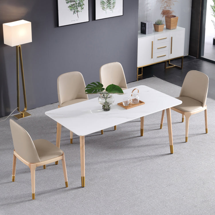 Mesa de comedor rectangular moderna de piedra sinterizada, mesa superior de piedra blanca con 4 patas de madera