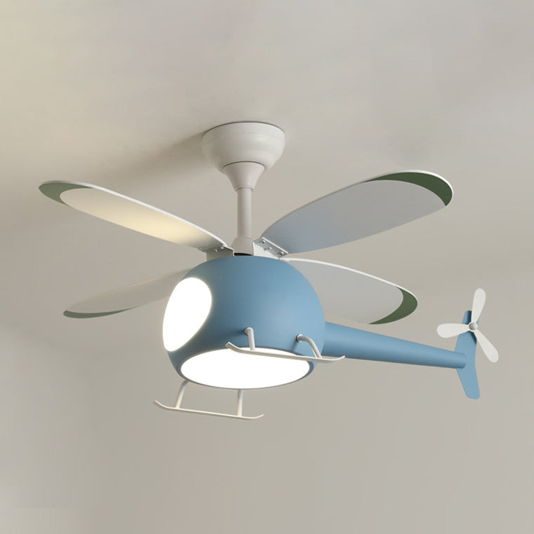 Acrylic LED Hanging Lamp in Kids Creative Style Iron Airplane Fan Pendant Light with Wooden Lamina