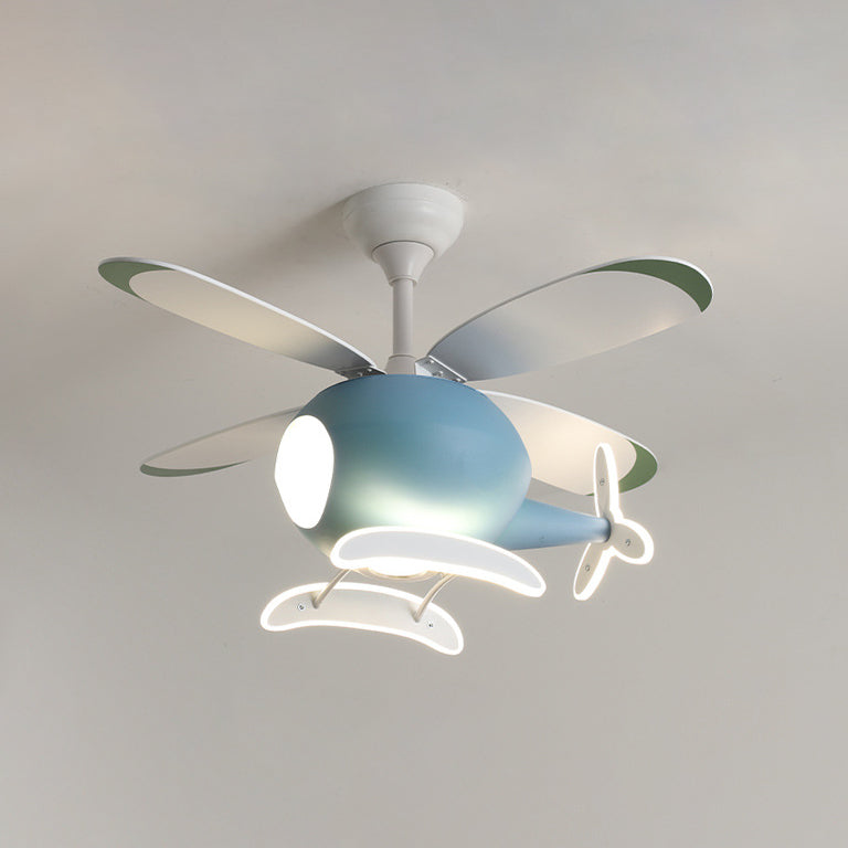 Acrylic LED Hanging Lamp in Kids Creative Style Iron Airplane Fan Pendant Light with Wooden Lamina