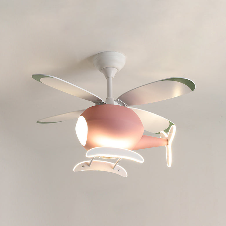 Acrylic LED Hanging Lamp in Kids Creative Style Iron Airplane Fan Pendant Light with Wooden Lamina