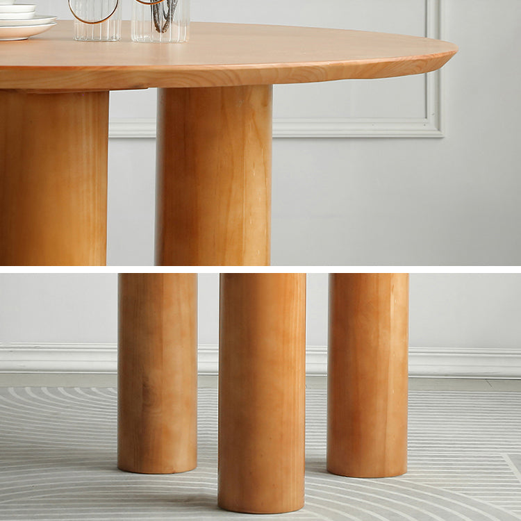 Round Pedestal Contemporary Dining Table Brown Tone Fixed Table of Solid Wood