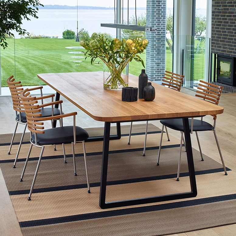 Modern Pine Solid Wood Table Rectangle Dining Table with Metal Black Double Pedestal Base