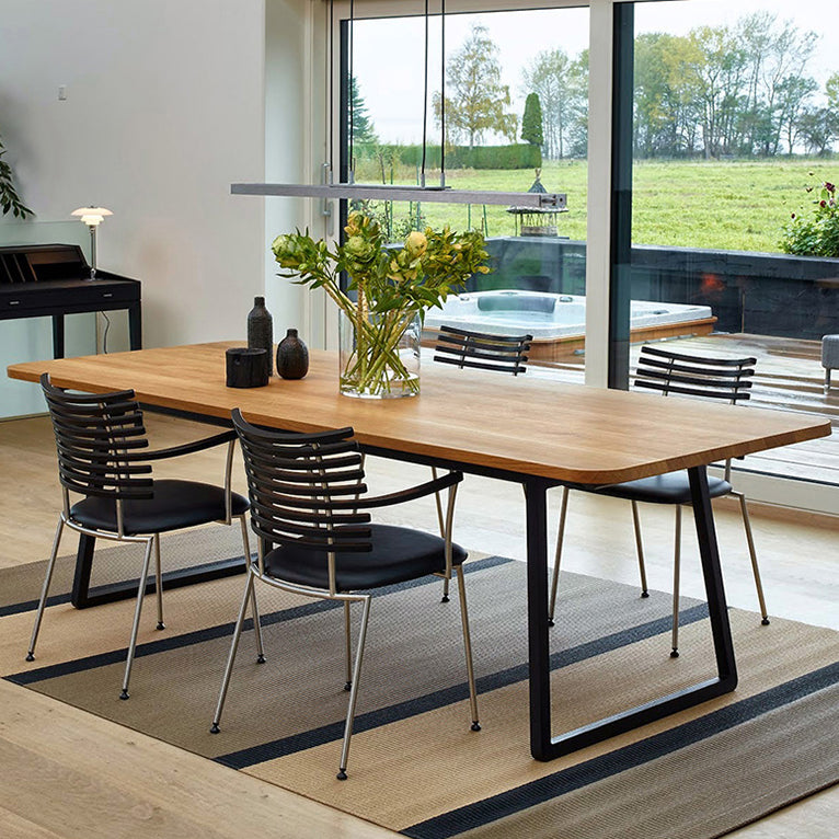 Modern Pine Solid Wood Table Rectangle Dining Table with Metal Black Double Pedestal Base