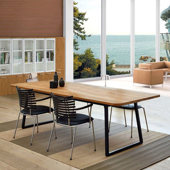 Modern Pine Solid Wood Table Rectangle Dining Table with Metal Black Double Pedestal Base