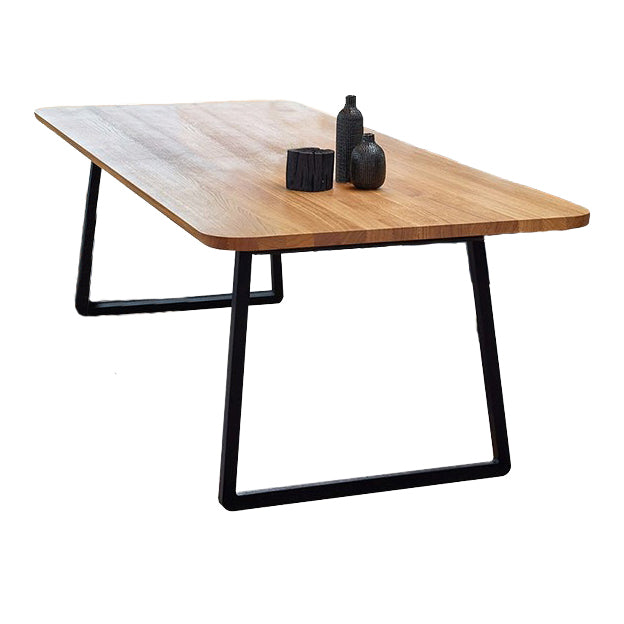 Modern Pine Solid Wood Table Rectangle Dining Table with Metal Black Double Pedestal Base