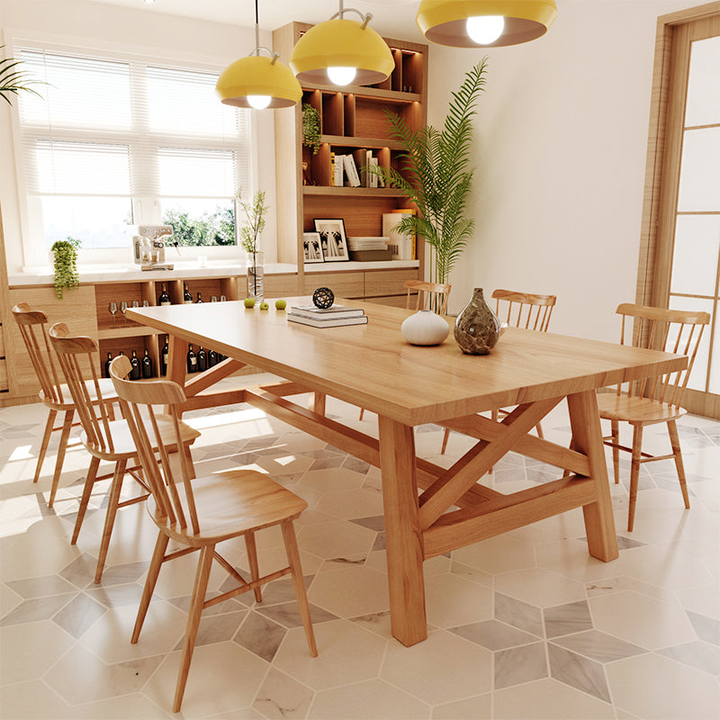 Eenvoudige dennen vaste houten eettafel rechthoekige tafel in houten kleur met vier veter