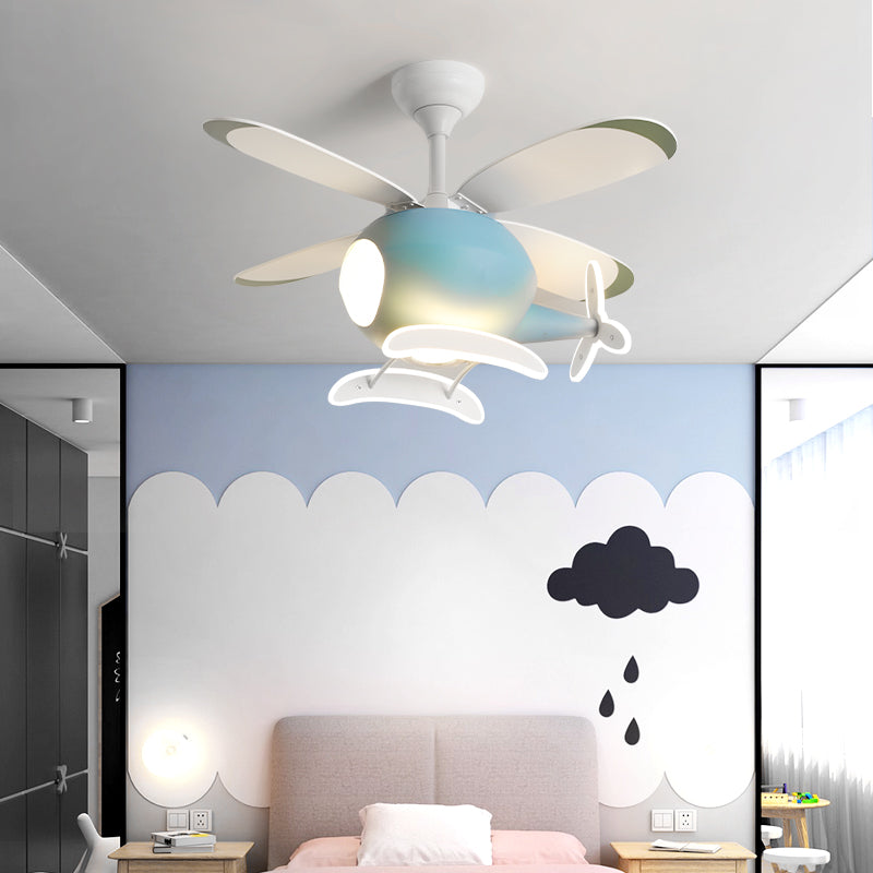 Kinderen artistieke LED -ventilator Licht smeedijzeren vliegtuig hanglampje met acrylschaduw