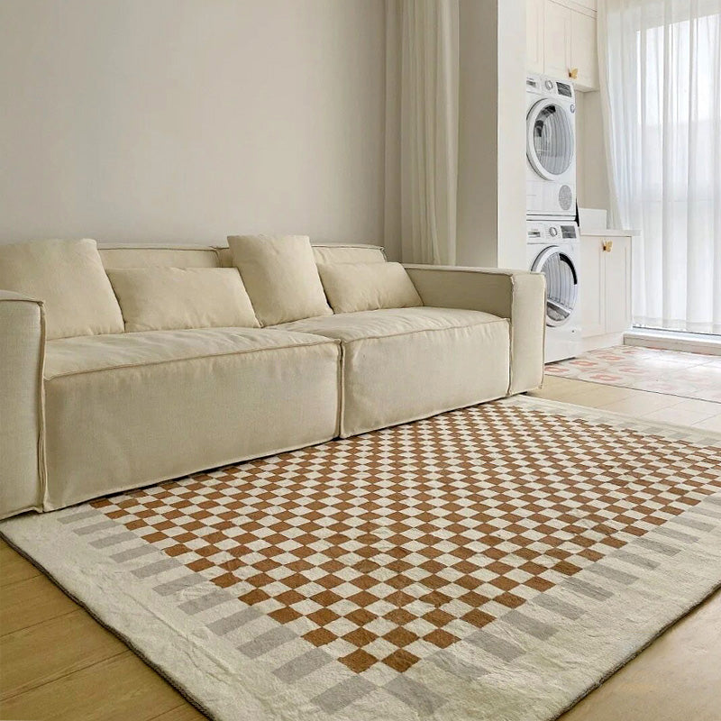 Fancy Brown Area Carpet Modern Plaid Pattern Area Carpet Polyester Stain Resistant Rug for Bedroom