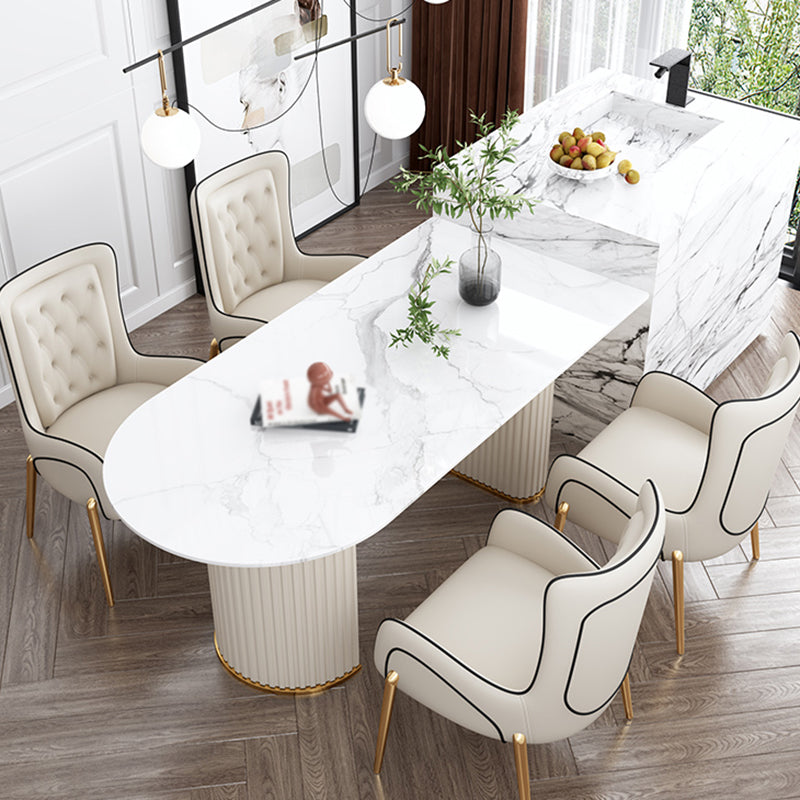 Free Form White Dining Table Sintered Stone Table Modern with Double Pedestal