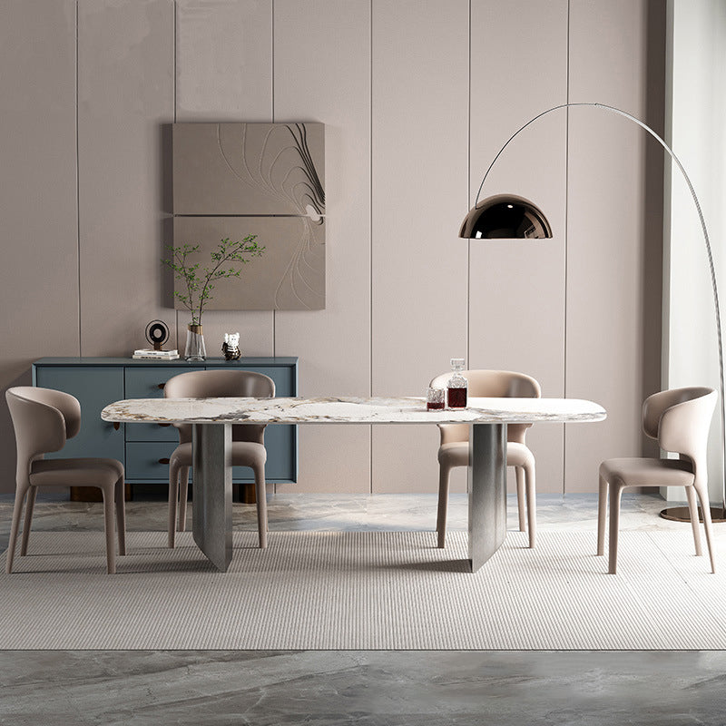 Rectangle Sintered Stone Dining Table Modern Table in White with Metal Double Pedestal