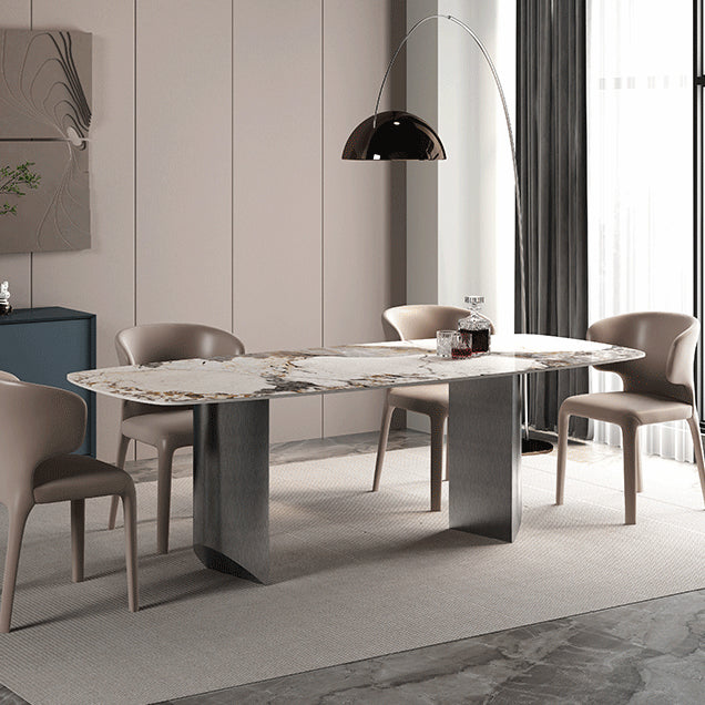 Rectangle Sintered Stone Dining Table Modern Table in White with Metal Double Pedestal