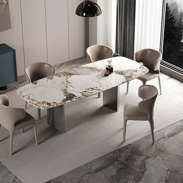 Rectangle Sintered Stone Dining Table Modern Table in White with Metal Double Pedestal