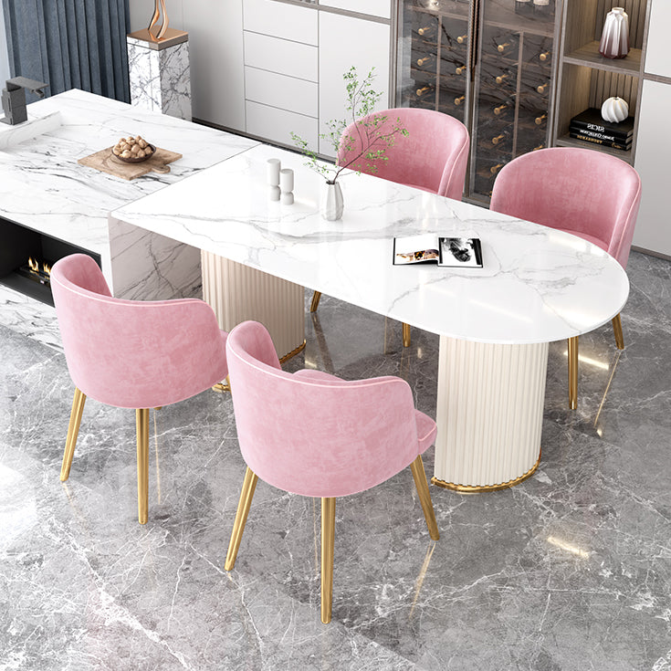 Irregular Island Sintered Stone Dining Table Modern Table in White with Metal Double Pedestal