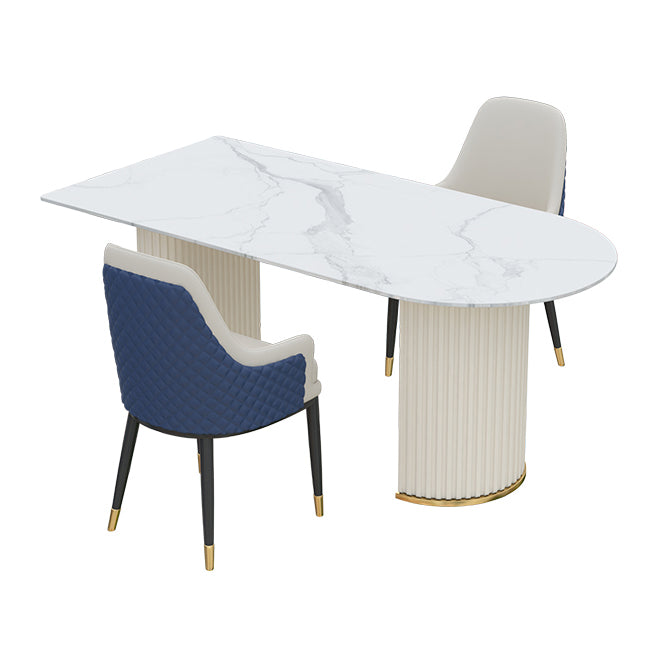 Irregular Island Sintered Stone Dining Table Modern Table in White with Metal Double Pedestal