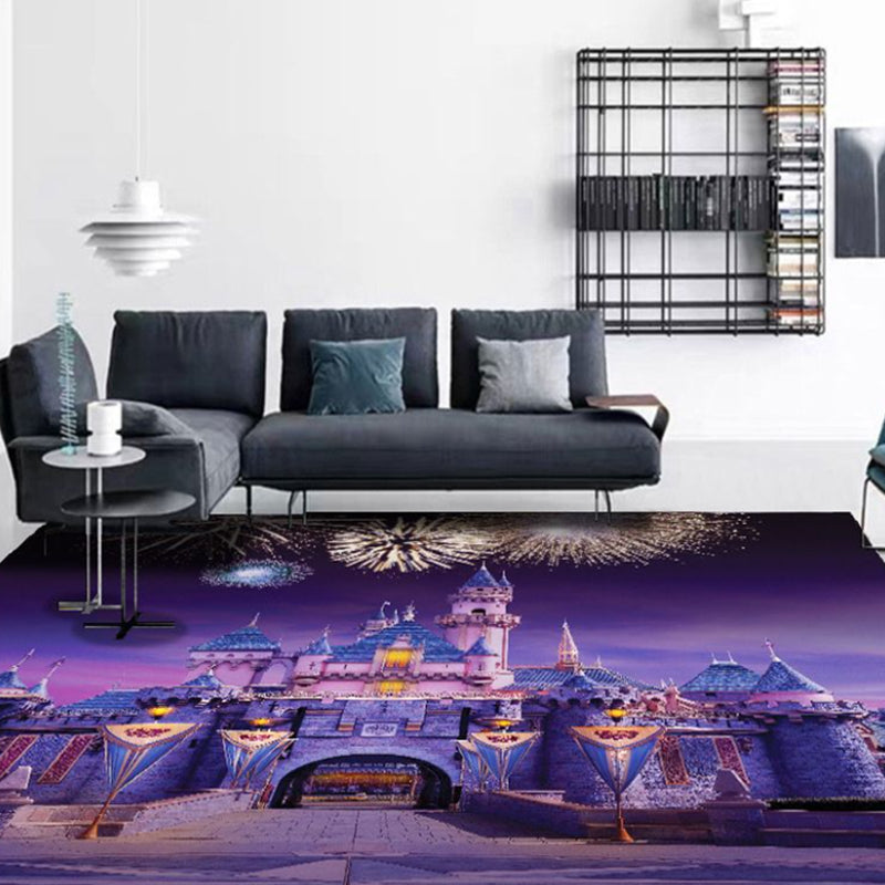 Purple Modern Rug Polyester Castle Rug Non-Slip Backing Rug for Living Room
