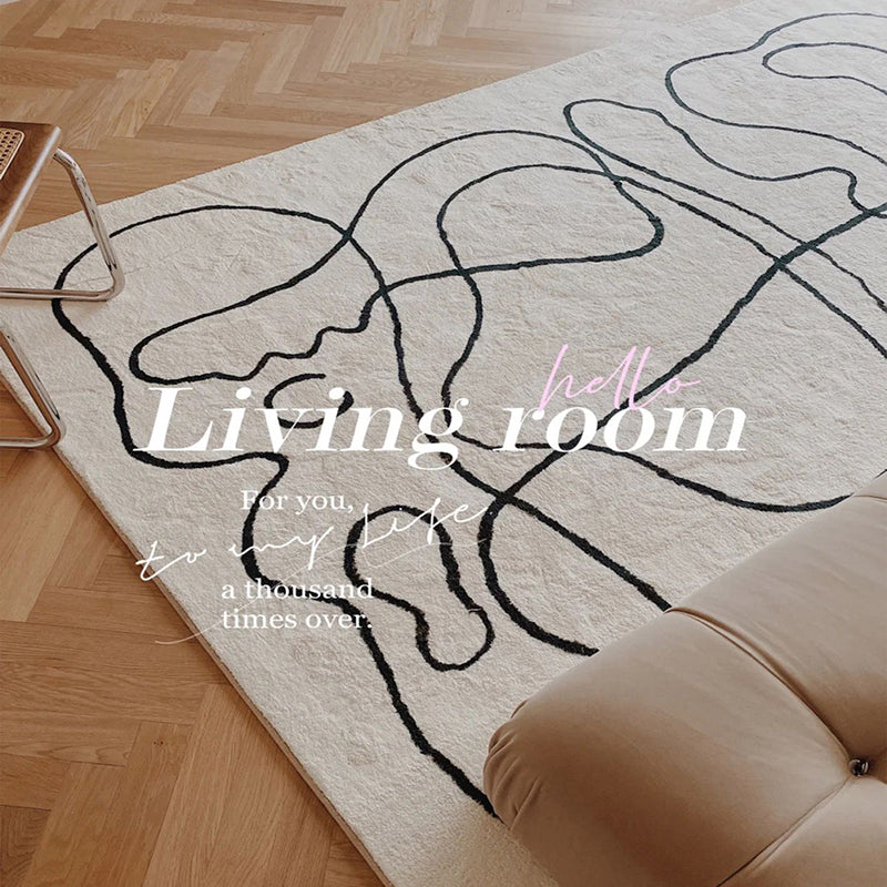 White Modern Area Carpet Line Pattern Polyester Area Rug Easy Care Washable Rug for Living Room