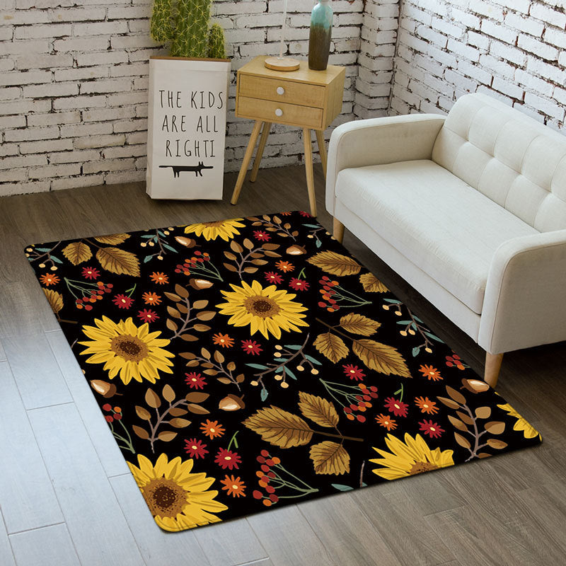 Black Modern Carpet Polyester Flowers Carpet Washable Carpet for Living Room