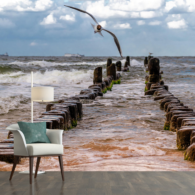 Beach Mural Wall Covering for Bathroom Decorative Mildew Resistant Wallpaper