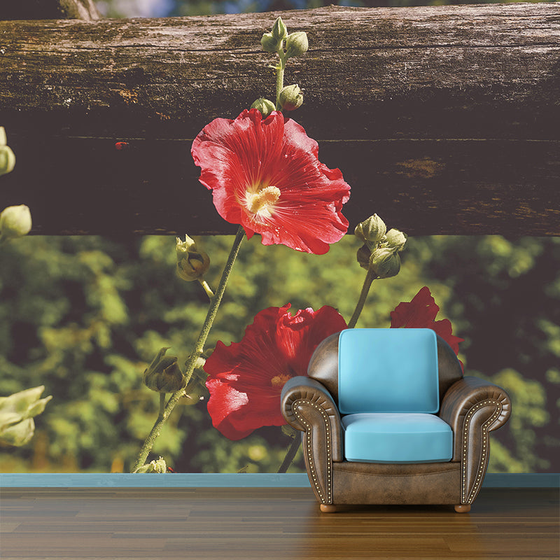 Hollyhock Mural Wall Covering for Living Room Decorative Mildew Resistant Wallpaper