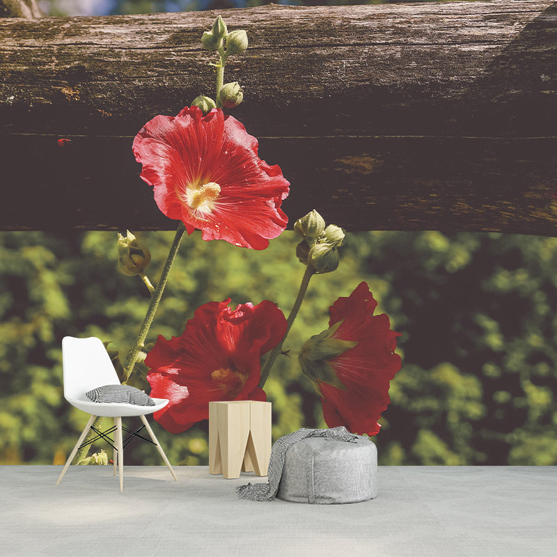 Hollyhock Mural Wall Covering for Living Room Decorative Mildew Resistant Wallpaper