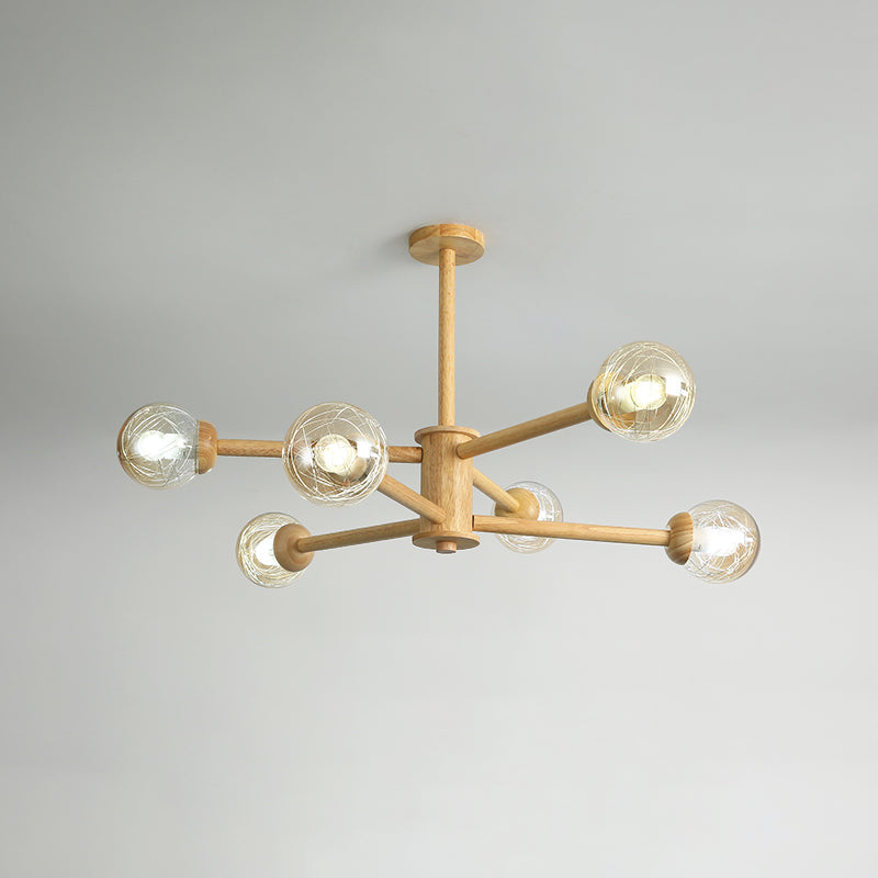Globe Wood Chandelier Lighting Fixtures Modern Multi-Head Beige Chandelier Lamp with Glass Shade