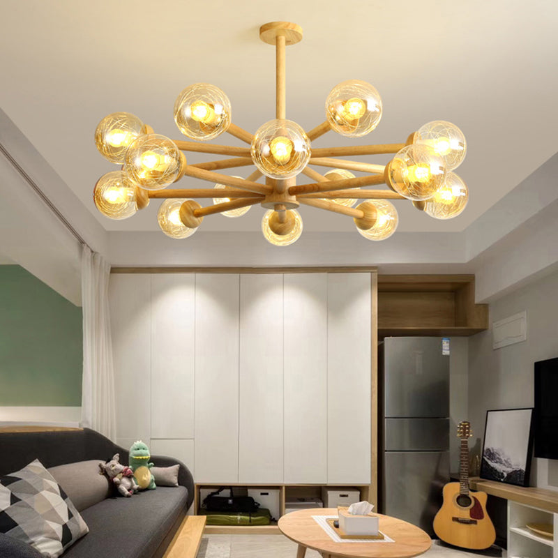 Globe Wood Chandelier Lighting Fixtures Modern Multi-Head Beige Chandelier Lamp with Glass Shade