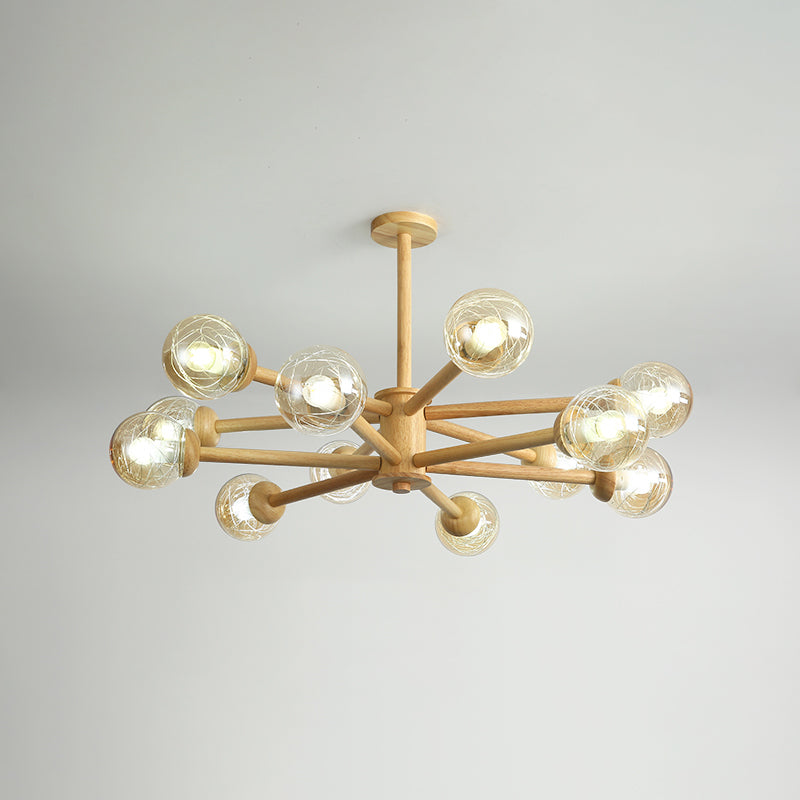 Globe Wood Chandelier Lighting Fixtures Modern Multi-Head Beige Chandelier Lamp with Glass Shade