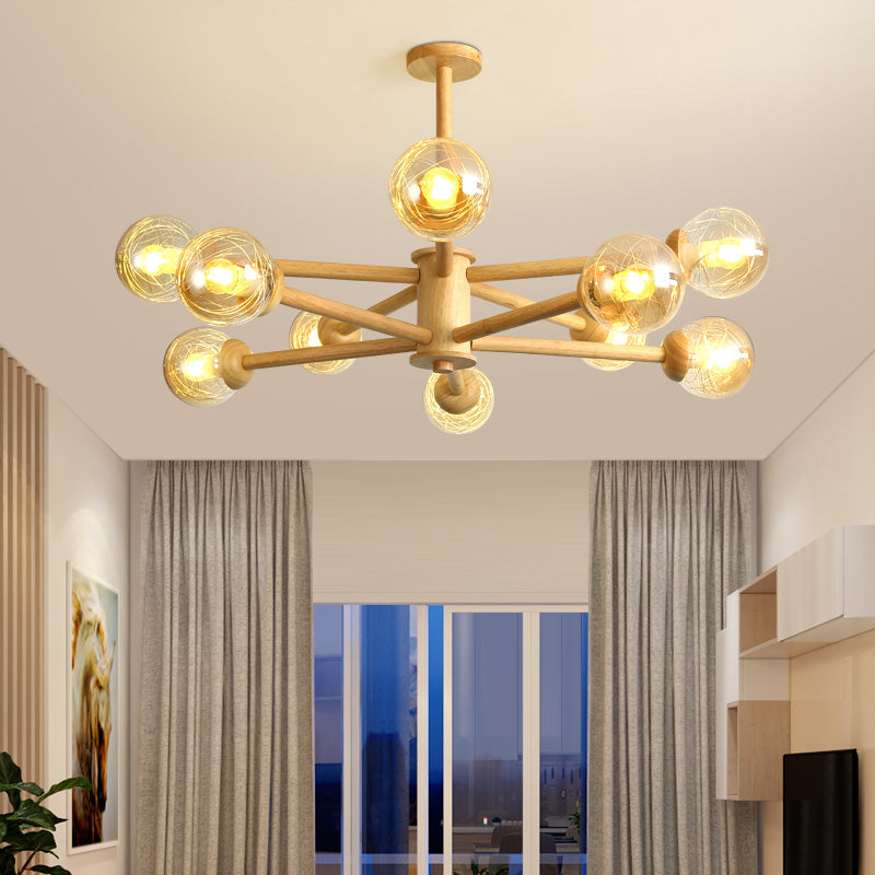 Globe Wood Chandelier Lighting Fixtures Modern Multi-Head Beige Chandelier Lamp with Glass Shade