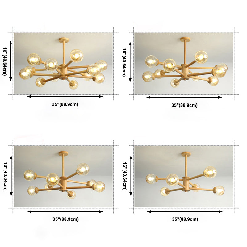 Globe Wood Chandelier Lighting Fixtures Modern Multi-Head Beige Chandelier Lamp with Glass Shade