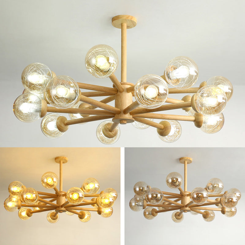 Globe Wood Chandelier Lighting Fixtures Modern Multi-Head Beige Chandelier Lamp with Glass Shade