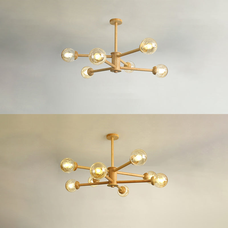 Globe Wood Chandelier Lighting Fixtures Modern Multi-Head Beige Chandelier Lamp with Glass Shade