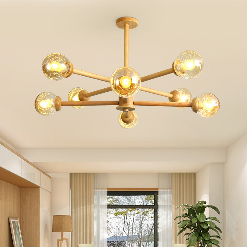 Globe Wood Chandelier Lighting Fixtures Modern Multi-Head Beige Chandelier Lamp with Glass Shade