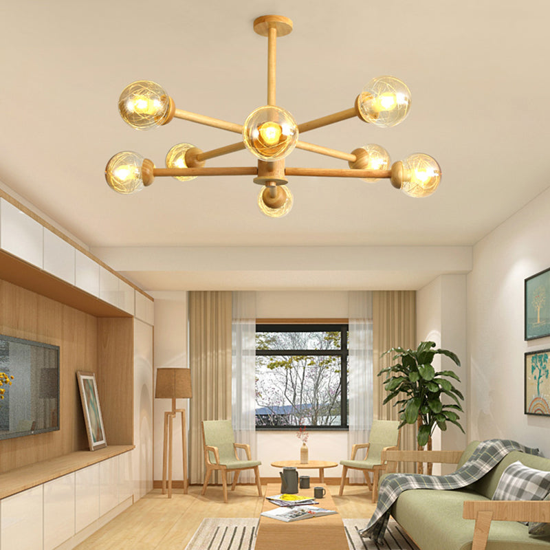 Globe Wood Chandelier Lighting Fixtures Modern Multi-Head Beige Chandelier Lamp with Glass Shade