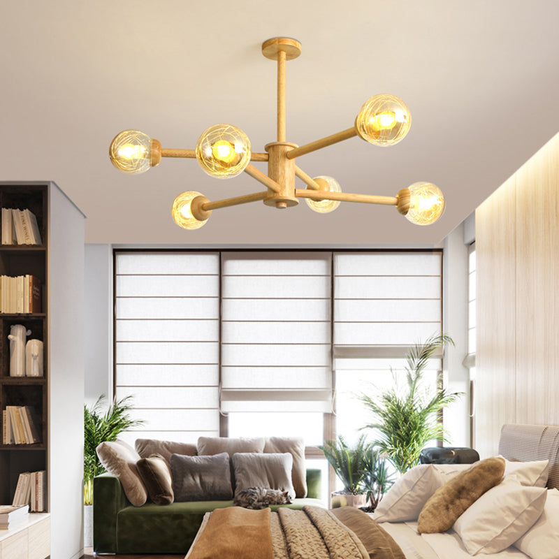Globe Wood Chandelier Lighting Fixtures Modern Multi-Head Beige Chandelier Lamp with Glass Shade