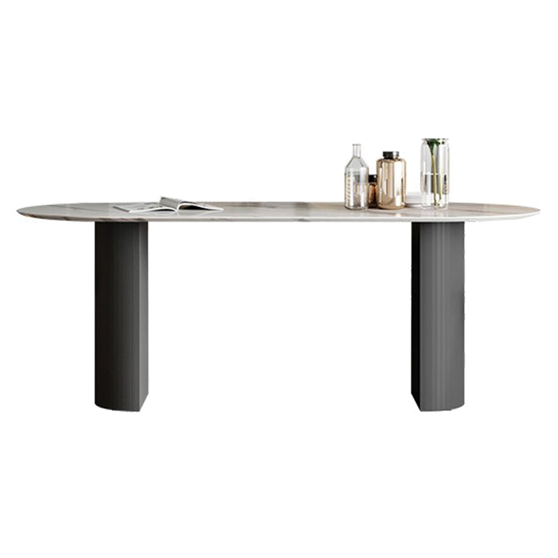 Oval Sintered Stone Dining Table Modern Table in White with Black Metal Double Pedestal