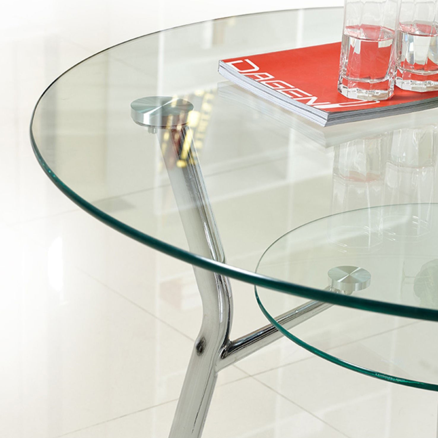 Moderner Glas Küche Küche Esstisch klarer runder Tisch mit Metallbasis für Zuhause
