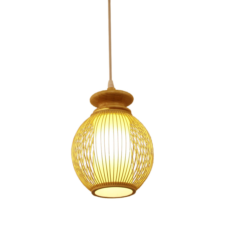 Jar Ceiling Lamp Japanese Bamboo 9"/12" Wide 1 Head Beige Pendant Lighting Fixture with Inner Tubular Parchment Shade