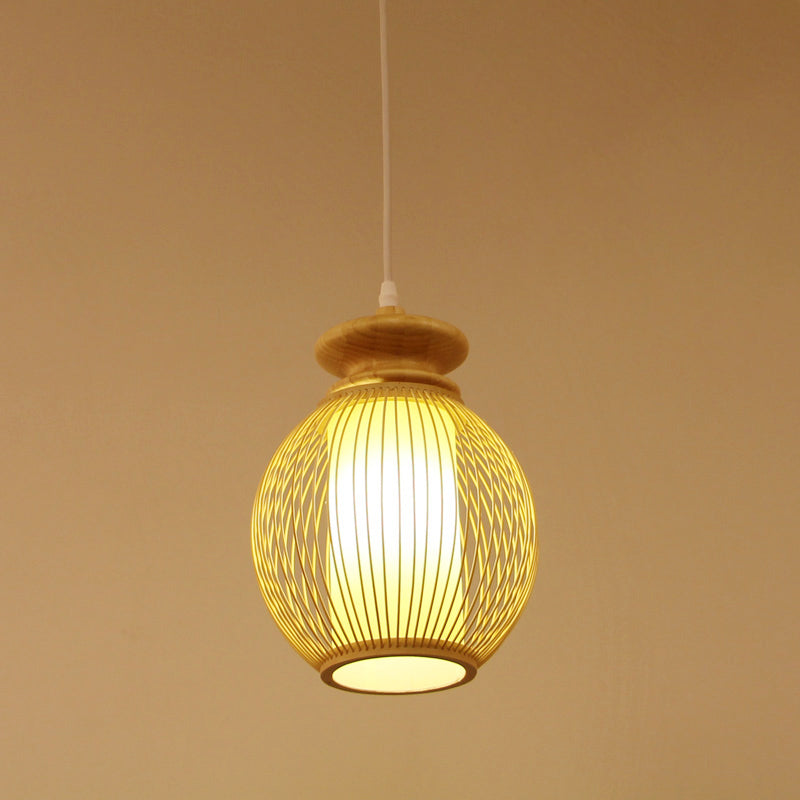 Jar Ceiling Lamp Japanese Bamboo 9"/12" Wide 1 Head Beige Pendant Lighting Fixture with Inner Tubular Parchment Shade