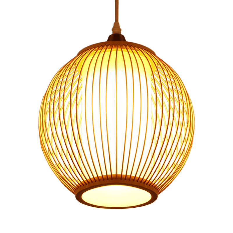 Chinese 1 Head Pendant Lighting Beige Lantern Ceiling Hanging Light with Bamboo Shade