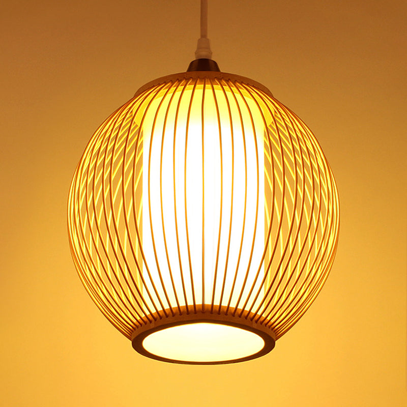 Chinese 1 Head Pendant Lighting Beige Lantern Ceiling Hanging Light with Bamboo Shade