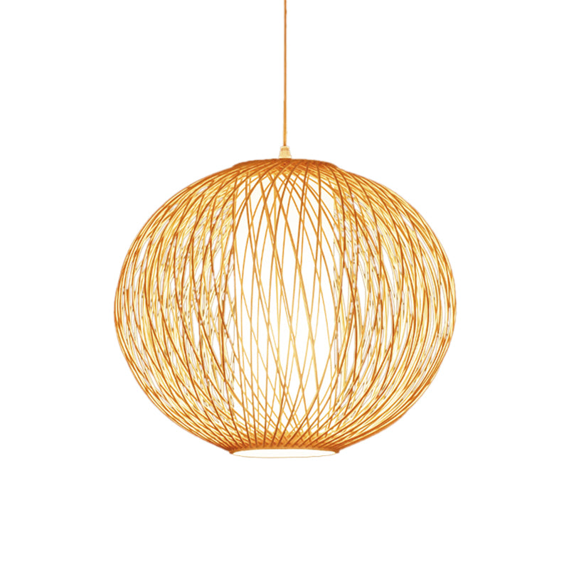 Beige Globe Pendant Lamp Chinese 1 Bulb Bamboo Hanging Light Kit with Inner White Cylinder Fabric Shade