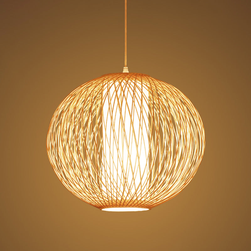 Beige Globe Pendant Lamp Chinese 1 Bulb Bamboo Hanging Light Kit with Inner White Cylinder Fabric Shade