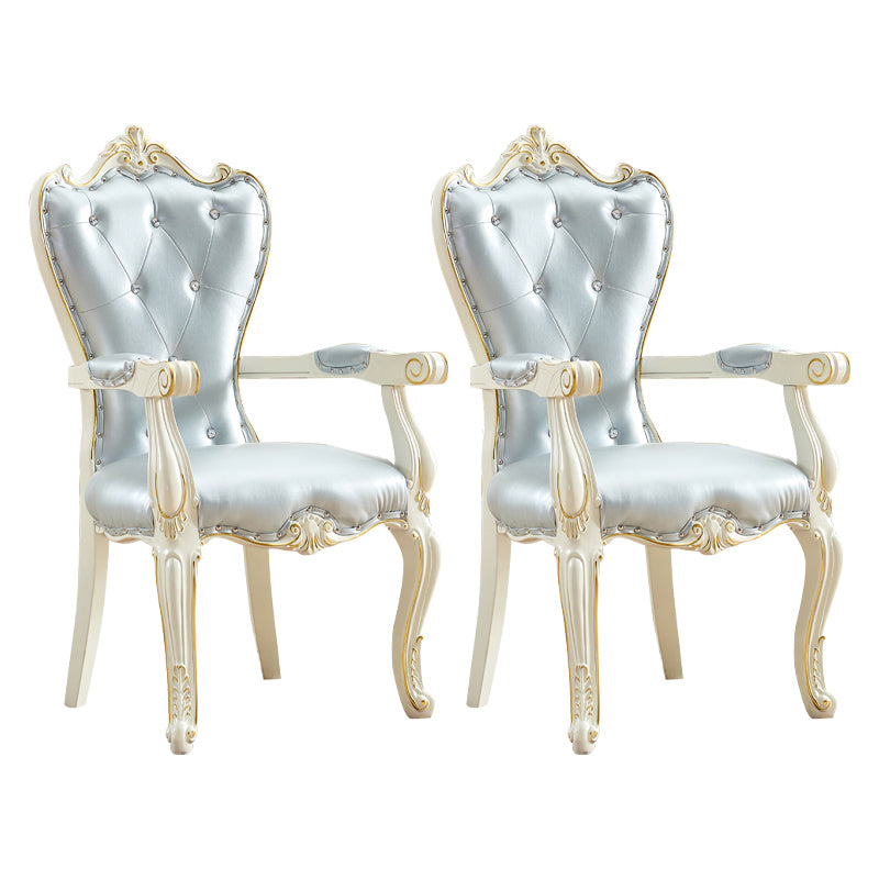 European Style Birch Leather Arm Chair Light Color Solid Back Dining Chair with White Legs