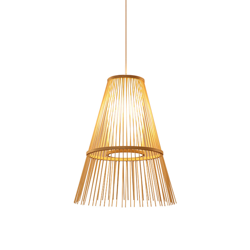Asian 1 Bulb Hanging Lamp Beige Tapered Pendant Lighting Fixture with Bamboo Shade